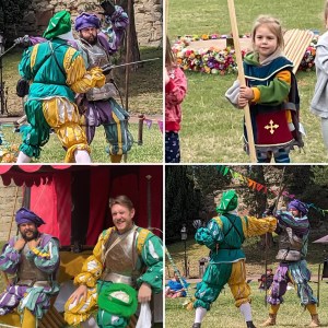 4 images: 1 and 4 show two men dressed in medieval costume (one green/yellow, the other purple/blue) engaged in a staged sword fight, 3 shows the same two men sitting outside of a red tent, 2 shows a young boy wearing a warwick castle tunic and holding a long wooden stick as through it is a spear