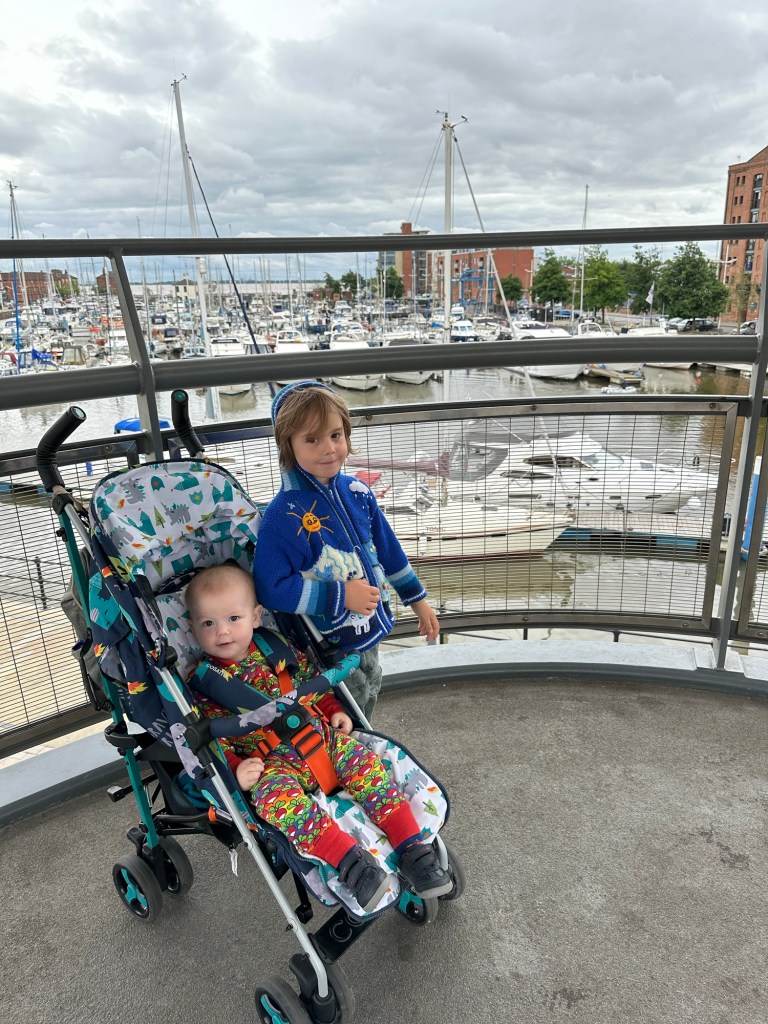 two children - one in a push chair - stand on a bridge overlooking the marina in hull